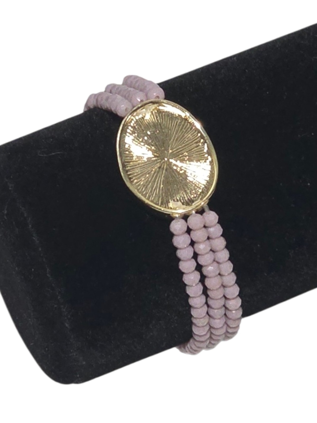 Lavender Crystal Beaded Triple Strand Stretch Bracelet Gold Tone Oval Medallion